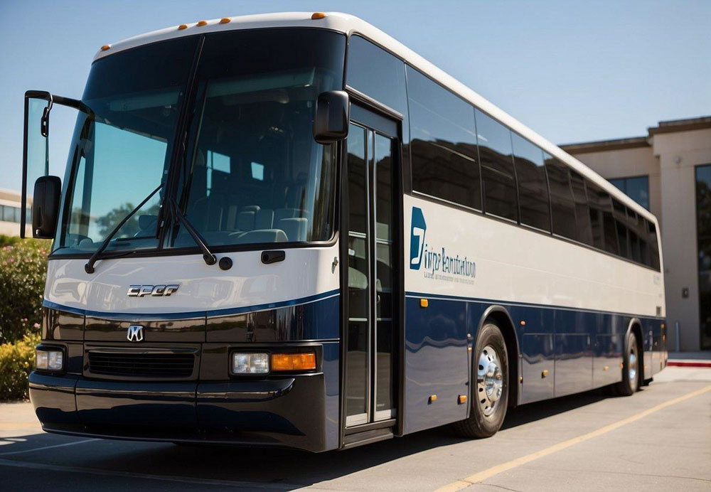A luxury charter bus parked outside an educational or institutional building in San Diego, with students or staff boarding or disembarking