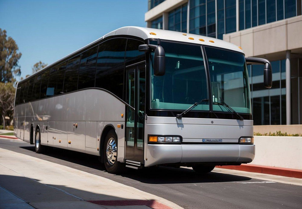 A luxurious charter bus with wheelchair lift parked in front of a modern building in San Diego
