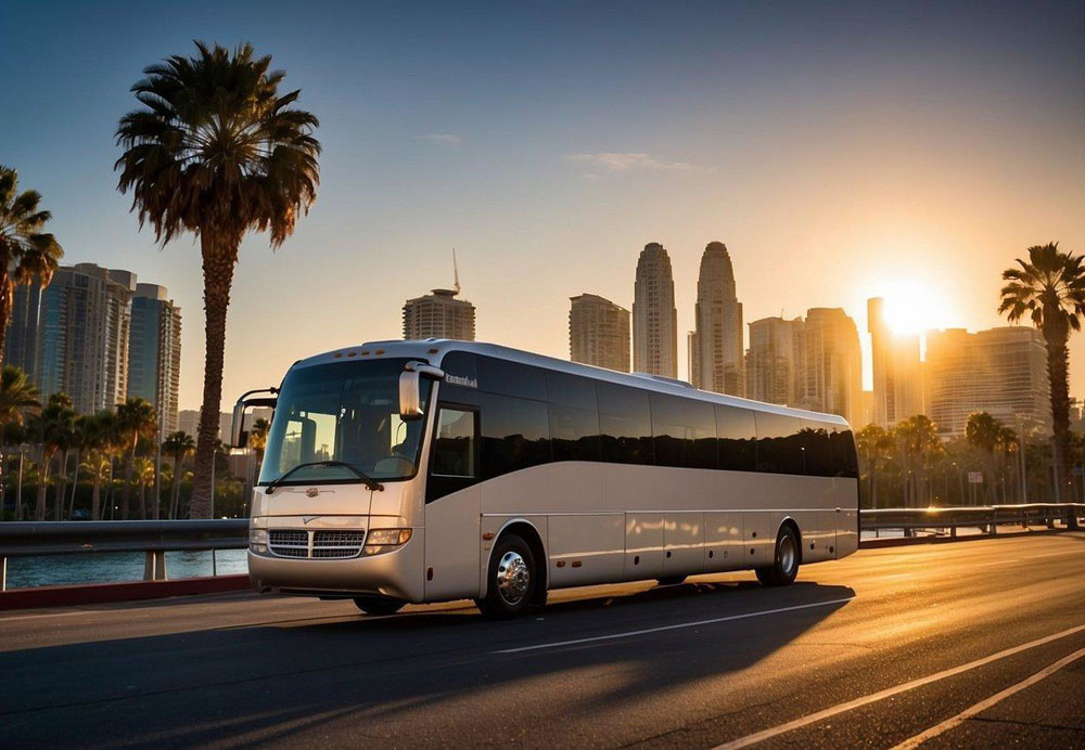 A luxury charter bus parked in front of San Diego's iconic skyline, with palm trees swaying in the background and the sun setting over the Pacific Ocean