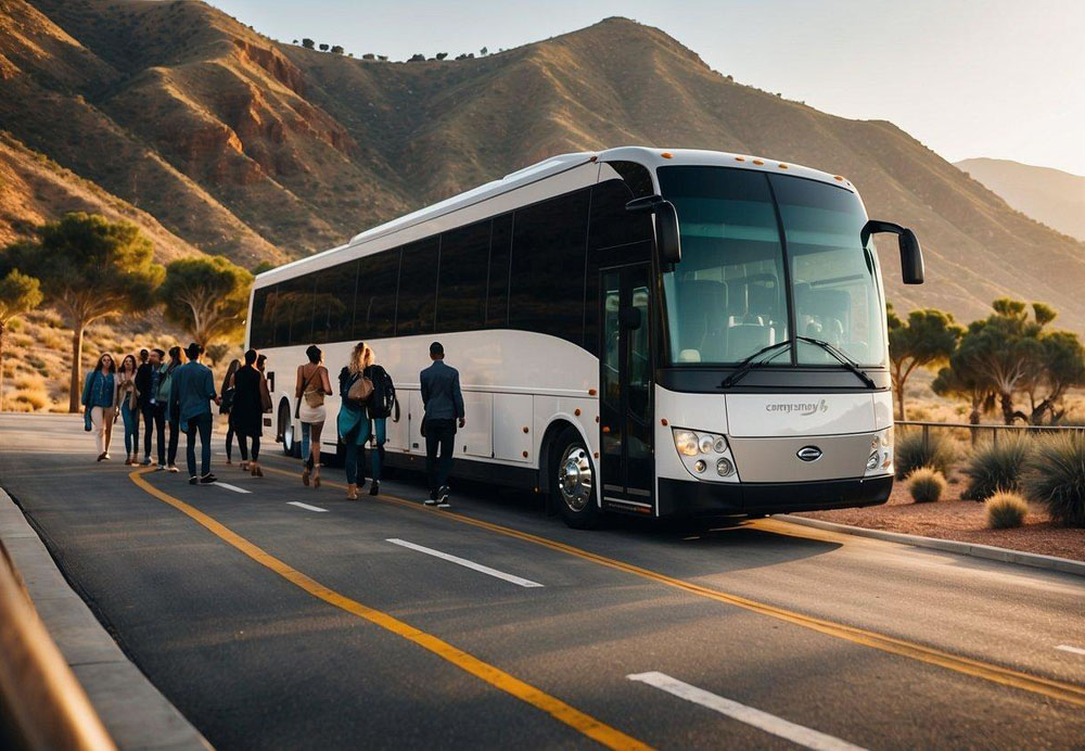 A group of people boarding a modern, sleek charter bus in front of a scenic San Diego backdrop