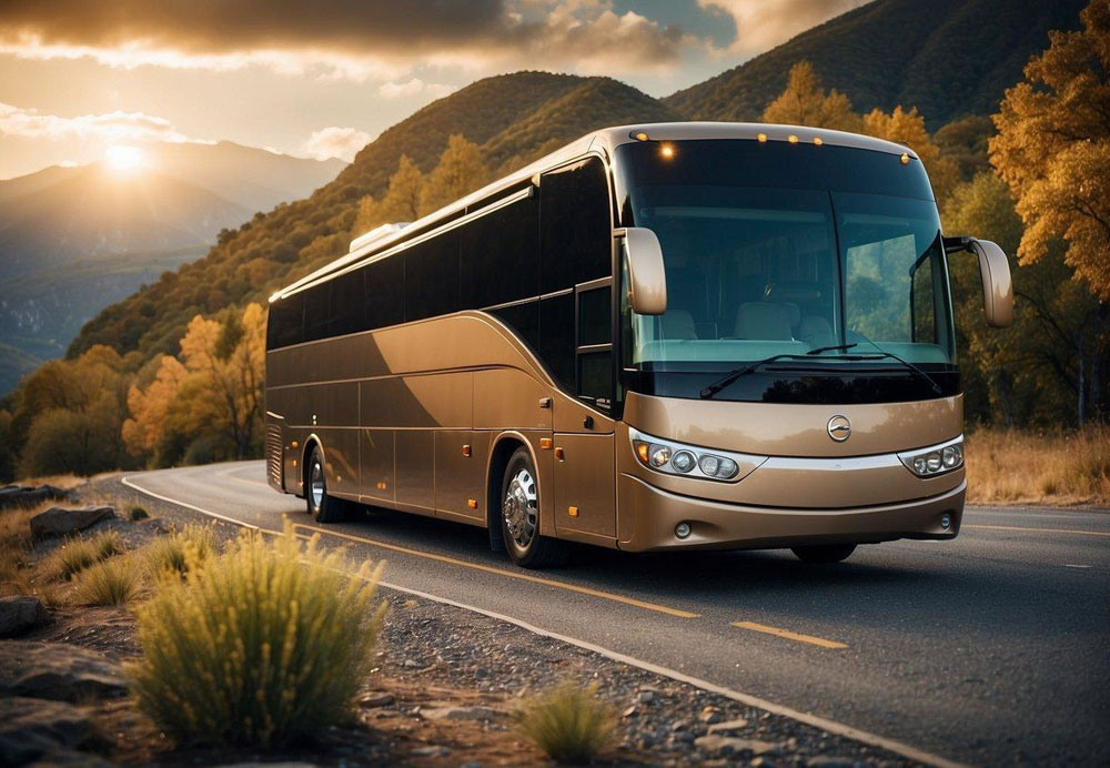A luxury charter bus parked in a scenic location with safety and comfort features highlighted, such as reclining seats, spacious interior, and modern entertainment systems