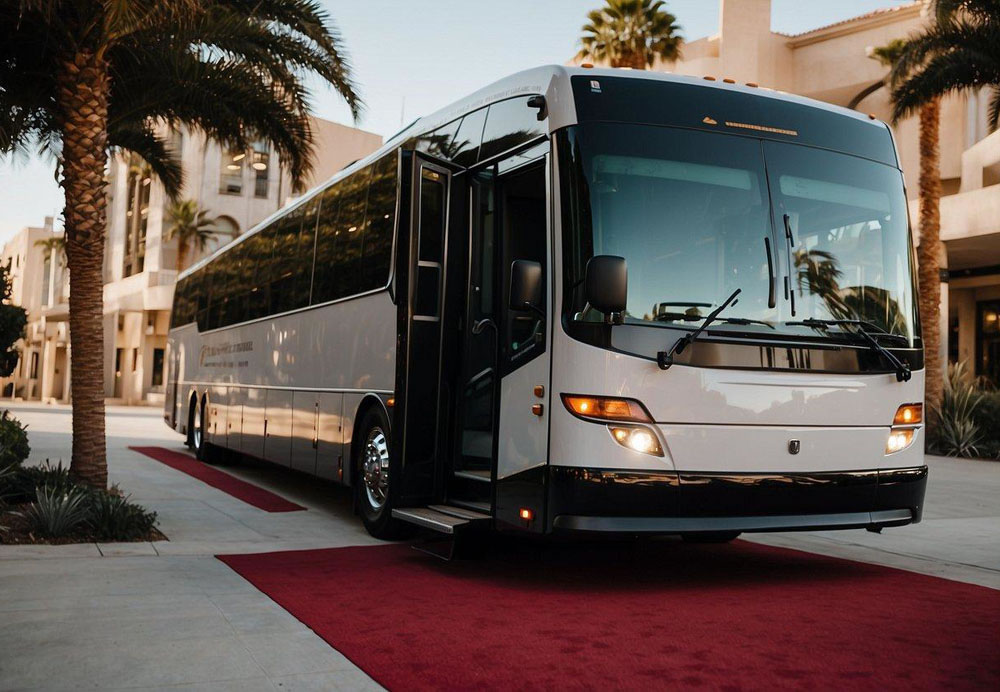 A luxury charter bus pulls up to a grand venue in San Diego, with elegant signage and a red carpet leading to the entrance