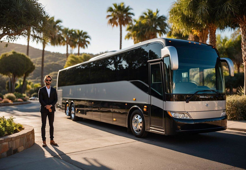 A sleek, modern luxury charter bus parked in front of a scenic San Diego backdrop, with a professional driver standing nearby