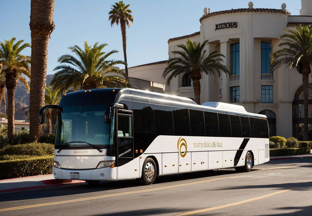 A luxury charter bus parked in front of a San Diego landmark, with a driver loading luggage and a red carpet rolled out for arriving guests