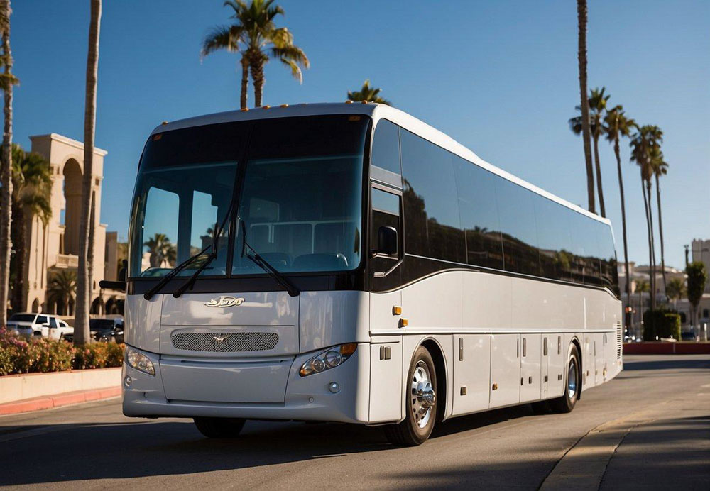 A luxury charter bus parked in front of San Diego landmarks