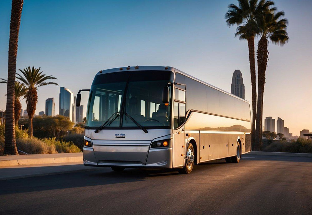 A sleek, modern charter bus parked in front of a scenic San Diego backdrop, with palm trees and city skyline in the distance