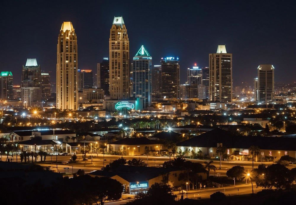 A bustling city skyline with ten prominent restaurant signs illuminated against the night sky, showcasing the diverse culinary offerings of San Diego