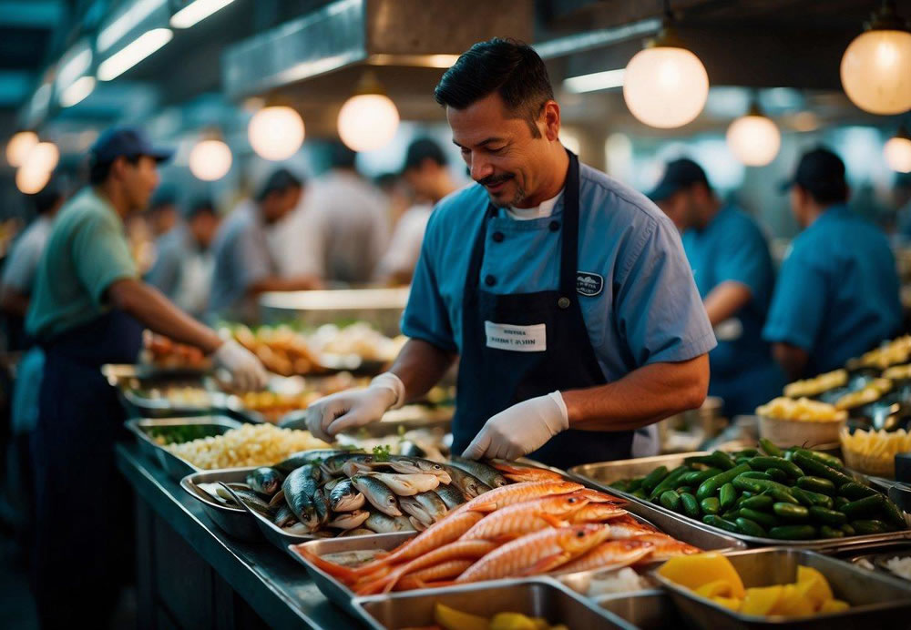 A bustling fish market with colorful displays of fresh seafood and bustling chefs preparing dishes in the top ten best restaurants in San Diego