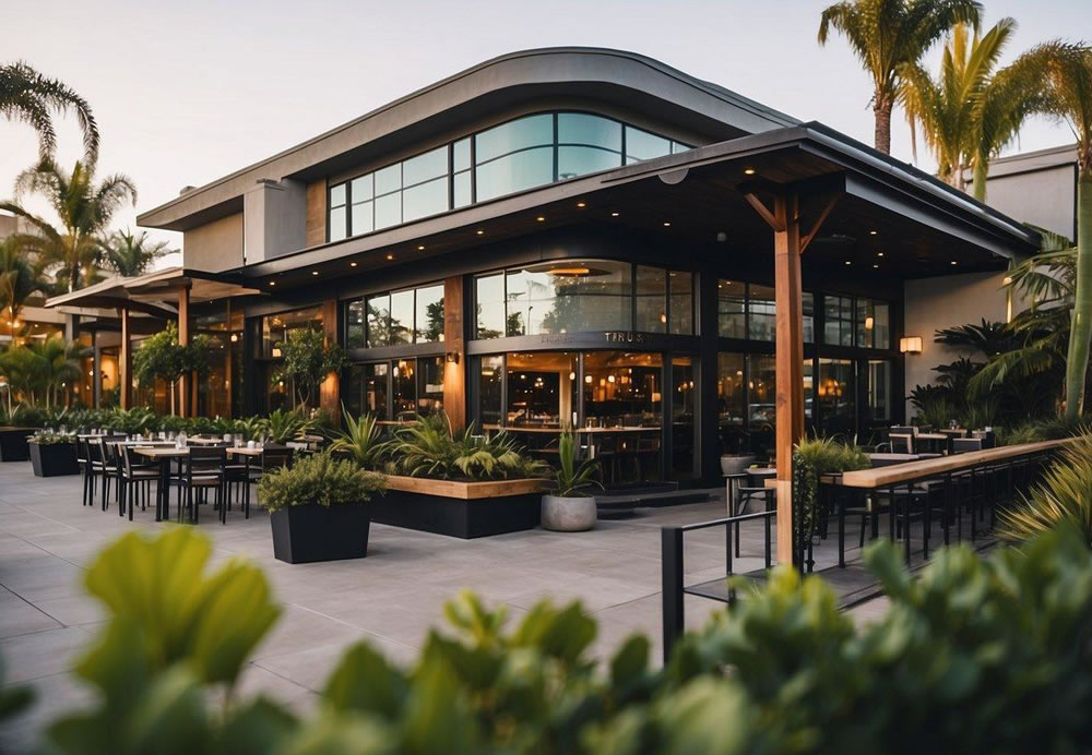 The exterior of TRUST Restaurant in San Diego, with a modern and inviting facade, surrounded by lush greenery and a vibrant atmosphere