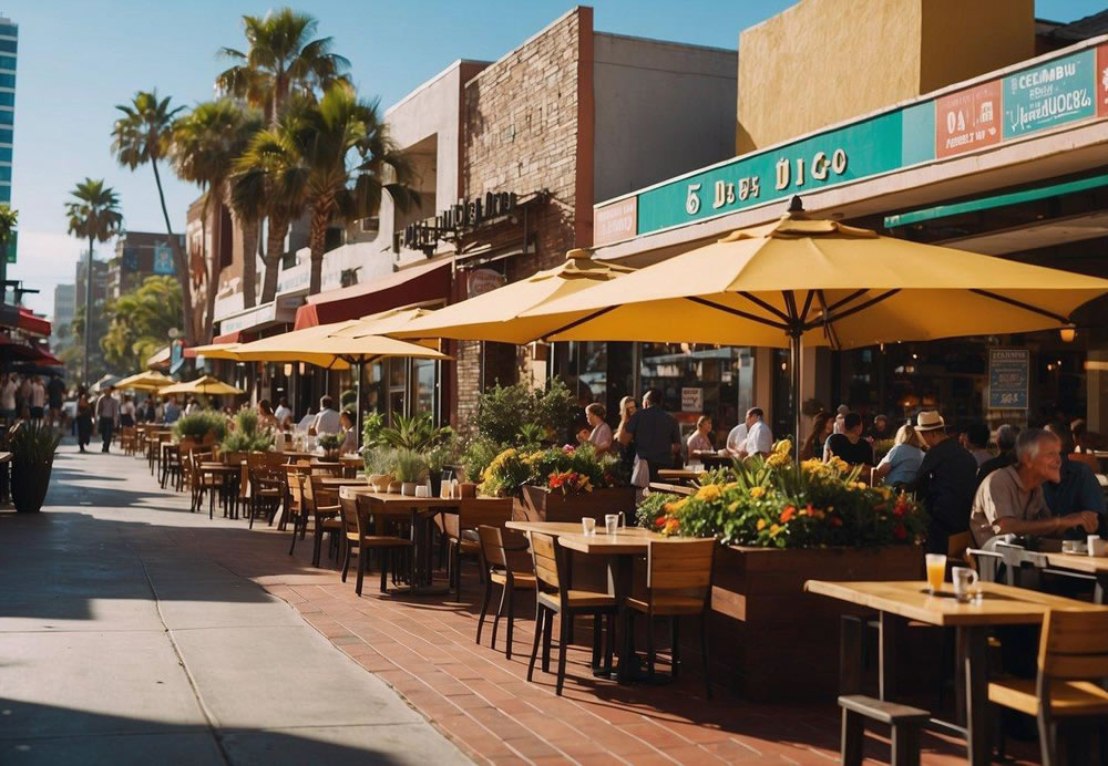 A bustling street lined with diverse eateries, each with colorful signage and outdoor seating, showcasing the vibrant culinary scene of San Diego