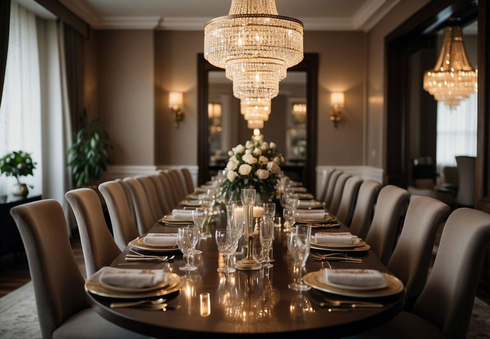 A luxurious dining room with elegant table settings and sparkling chandeliers. The room is filled with the sounds of clinking glasses and soft conversation, creating an atmosphere of sophistication and indulgence