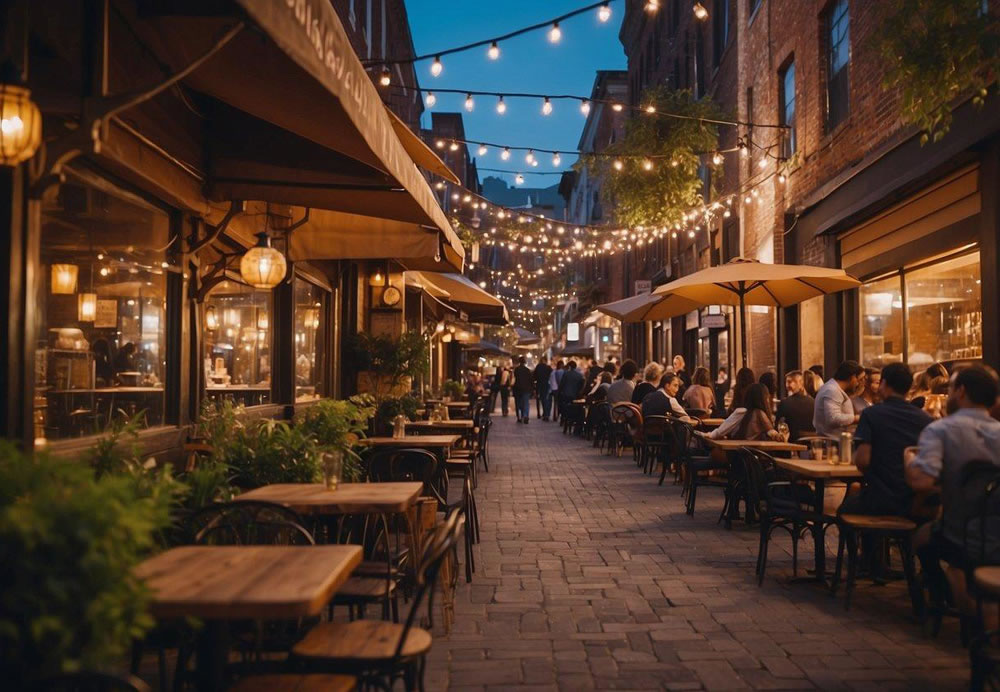 A bustling street lined with diverse restaurants, each with their own unique charm and flavor. A mix of outdoor patios and cozy interiors invite diners to enjoy the local culinary delights