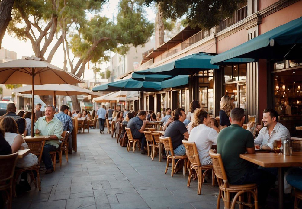 A bustling street lined with diverse eateries, each with their own unique charm and style. Patrons linger outside, enjoying the warm San Diego weather as they wait for a table at one of the city's top ten restaurants