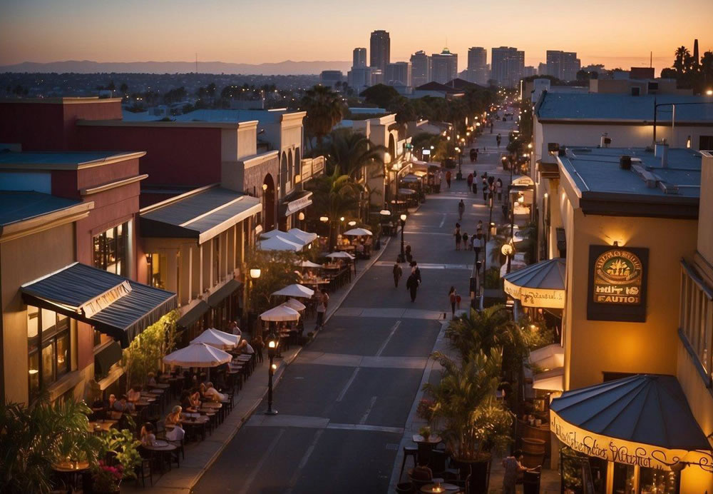 A bustling street lined with diverse restaurants, from trendy rooftop eateries to cozy waterfront bistros, showcasing San Diego's vibrant culinary scene