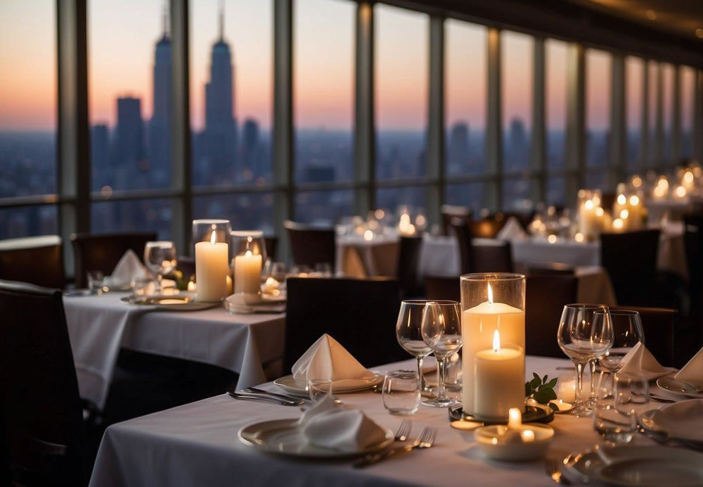 A bustling restaurant with elegant decor, dim lighting, and a view of the city skyline. Tables are adorned with white tablecloths and flickering candles, while servers move gracefully between them