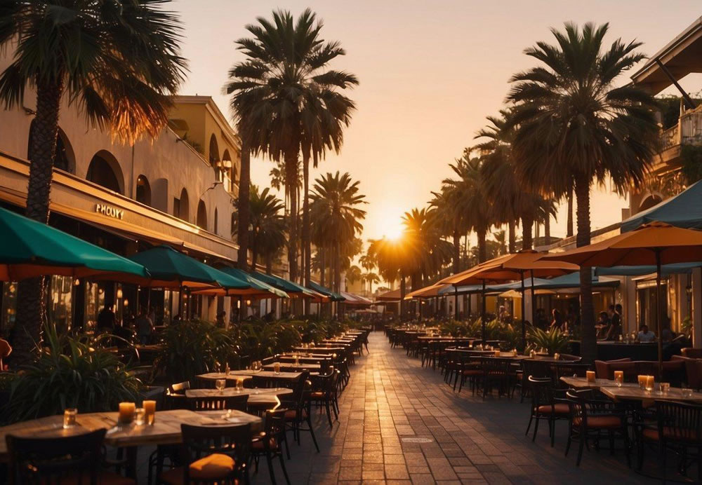 A bustling city street lined with diverse restaurants, each with colorful signage and inviting outdoor seating. The sun sets behind a backdrop of palm trees, casting a warm glow over the vibrant dining scene