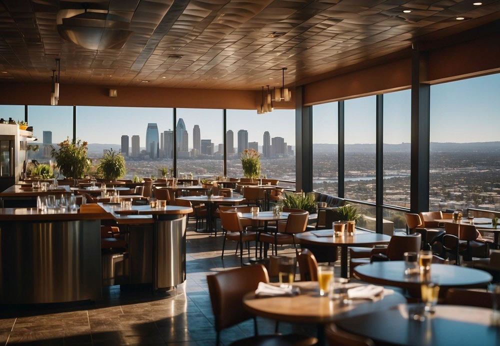 A bustling restaurant with modern decor, diners enjoying gourmet dishes, a vibrant bar area, and a view of the San Diego skyline