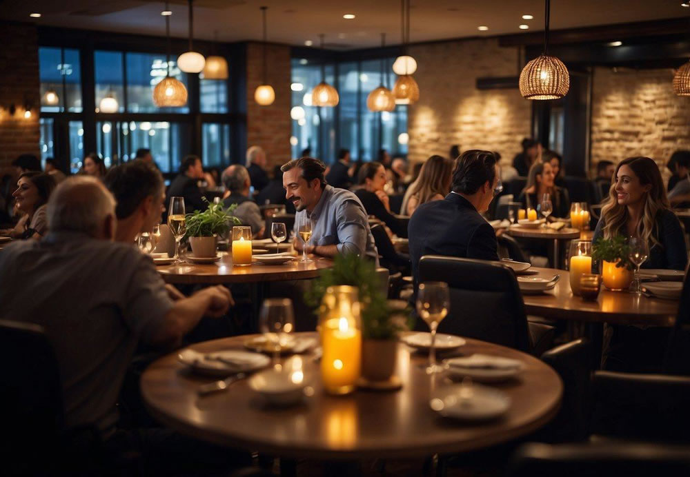 A bustling restaurant scene with modern decor, dim lighting, and vibrant dishes being served to a diverse crowd of diners