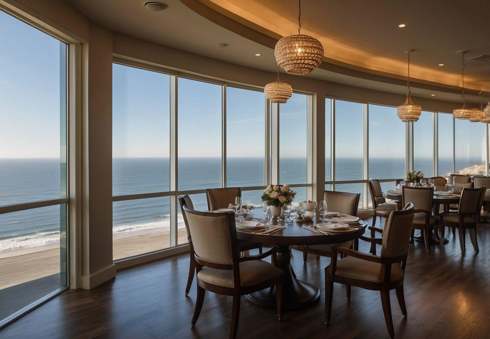 A serene oceanfront dining room with elegant decor and panoramic views of the San Diego coastline