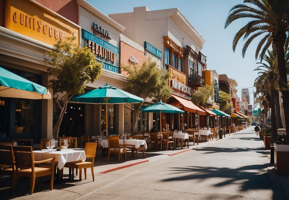 A bustling city street with colorful restaurant signs lining the road, showcasing the vibrant dining scene of San Diego