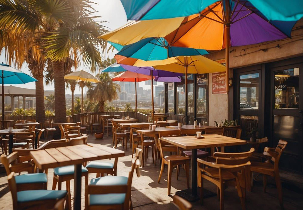 A bustling outdoor patio at The Crack Shack, with colorful umbrellas and a lively atmosphere, surrounded by palm trees and the San Diego skyline in the background