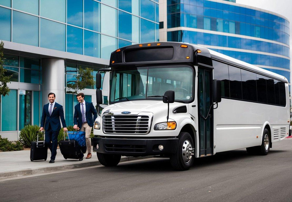 A charter bus parked in front of a modern corporate office building in downtown San Diego, with employees boarding and luggage being loaded onto the bus