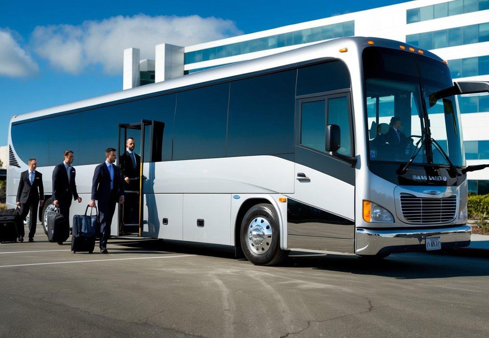 A sleek charter bus parked outside a modern office building in San Diego, with corporate professionals boarding and unloading luggage