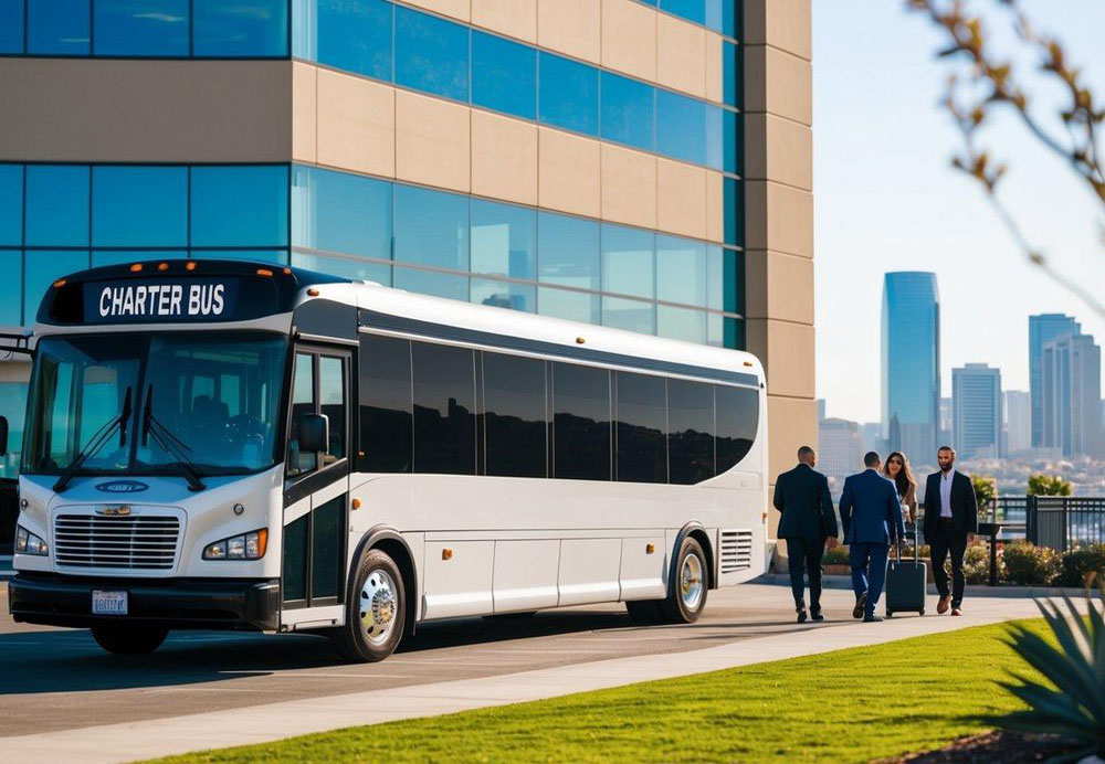 A charter bus parked outside a corporate office building in San Diego, with people boarding and a city skyline in the background