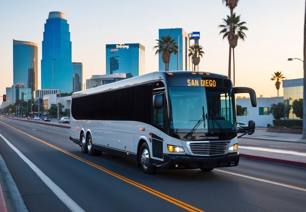 A sleek charter bus navigating through San Diego's iconic cityscape, passing by corporate buildings and palm-lined streets