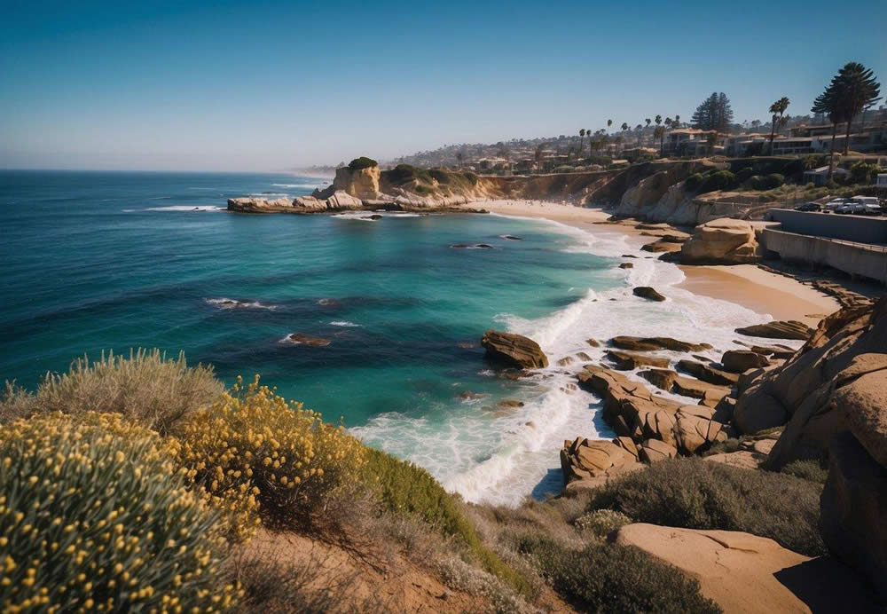 A panoramic view of La Jolla's coastline with its rugged cliffs, pristine beaches, and crystal-clear waters. Seals basking in the sun on the sandy shores, while kayakers paddle through the calm blue ocean