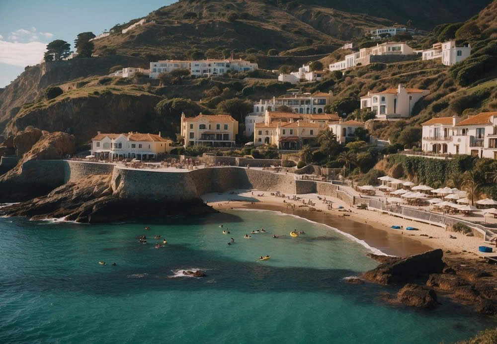 A bustling seaside village with palm-lined streets, vibrant shops, and stunning coastal views. Surfers catching waves, sea lions basking on the rocks, and kayakers exploring sea caves