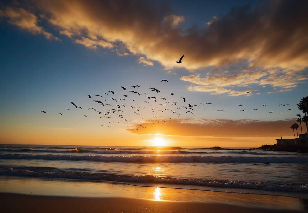 The sun sets over the pristine beaches of La Jolla, casting a golden glow on the clear blue waters. Seagulls soar overhead, and palm trees sway gently in the ocean breeze