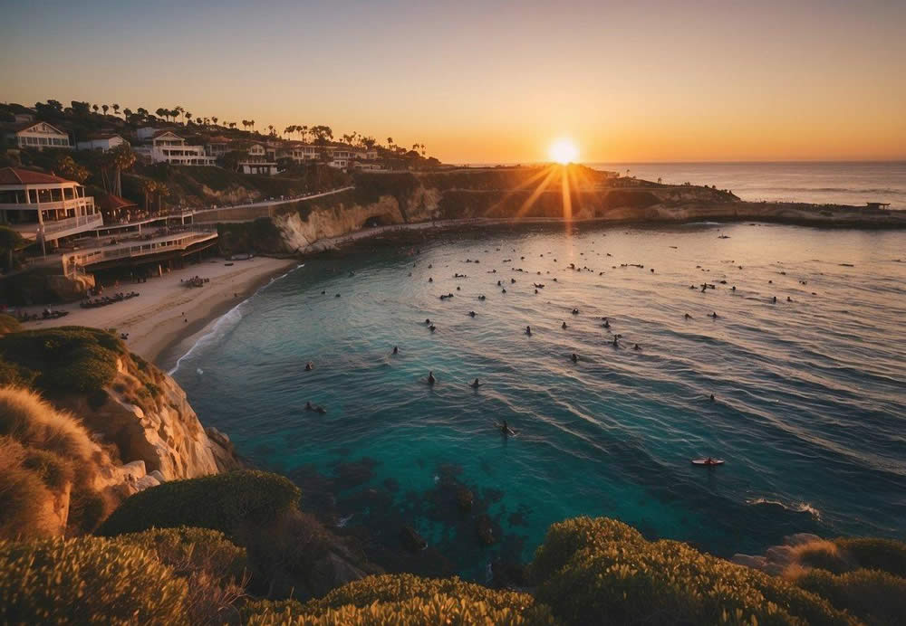 Sunset over La Jolla Cove, with sea lions basking on the rocks and kayakers paddling in the calm waters, while snorkelers explore the vibrant underwater world below