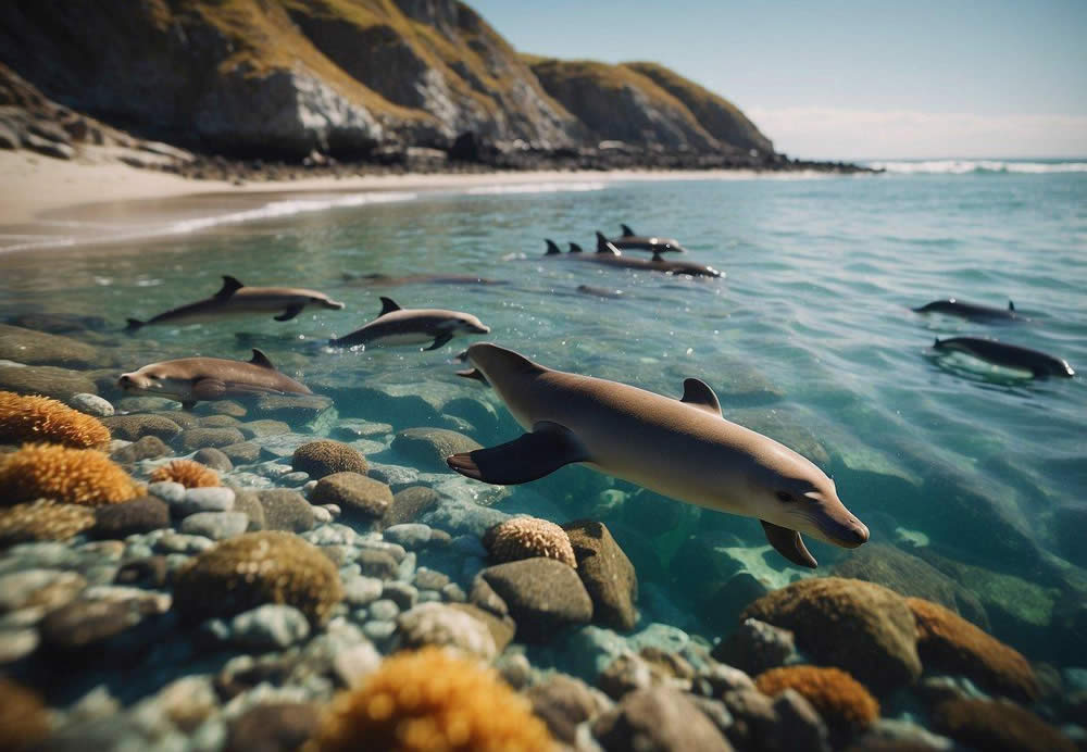 Vibrant tide pools teeming with colorful sea creatures, majestic sea lions basking on rocky shores, and playful dolphins dancing in the sparkling ocean waves