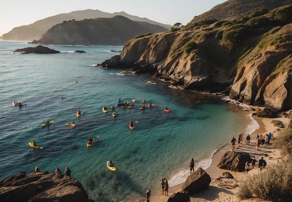 People kayaking, surfing, and snorkeling in the clear blue waters. Families picnicking on the sandy beaches. Hikers exploring the rugged coastline. Sea lions basking on the rocks. Sunset over the ocean