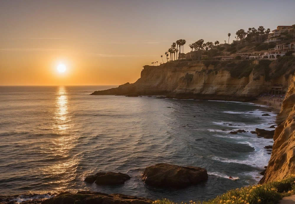 The sun sets over the La Jolla Cove, casting a golden glow on the cliffs and shimmering water. Seals bask on the rocks, while kayakers paddle through the caves. A bustling art scene and upscale shops line the streets, creating