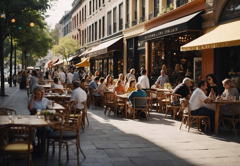 Bustling streets lined with colorful shops and inviting restaurants, with people enjoying al fresco dining and browsing through unique boutiques