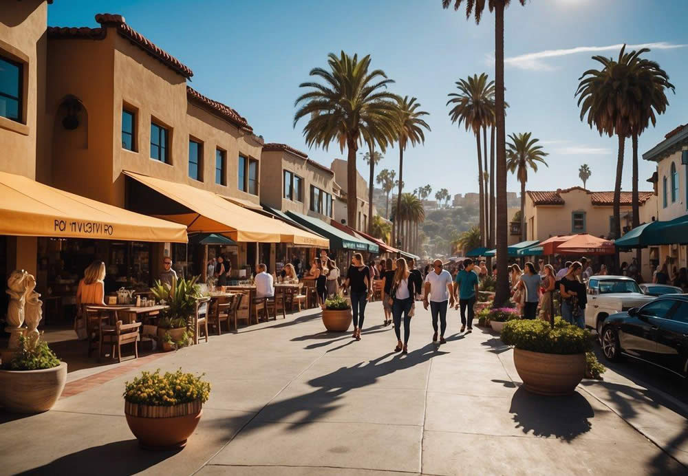 A bustling La Jolla street lined with colorful shops and cafes, with people enjoying outdoor activities and events, including surfing, kayaking, and art fairs