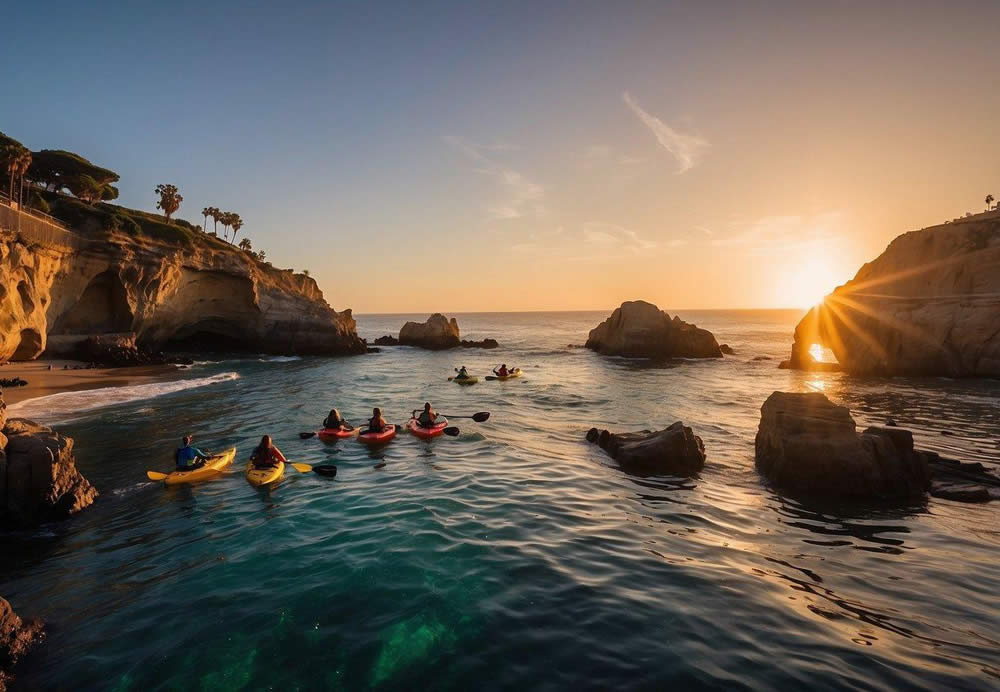 The sun sets over La Jolla's rugged coastline, casting a warm glow on the iconic sea caves and palm-lined beaches. A kayaker paddles through the crystal-clear waters, while sea lions bask on the rocks