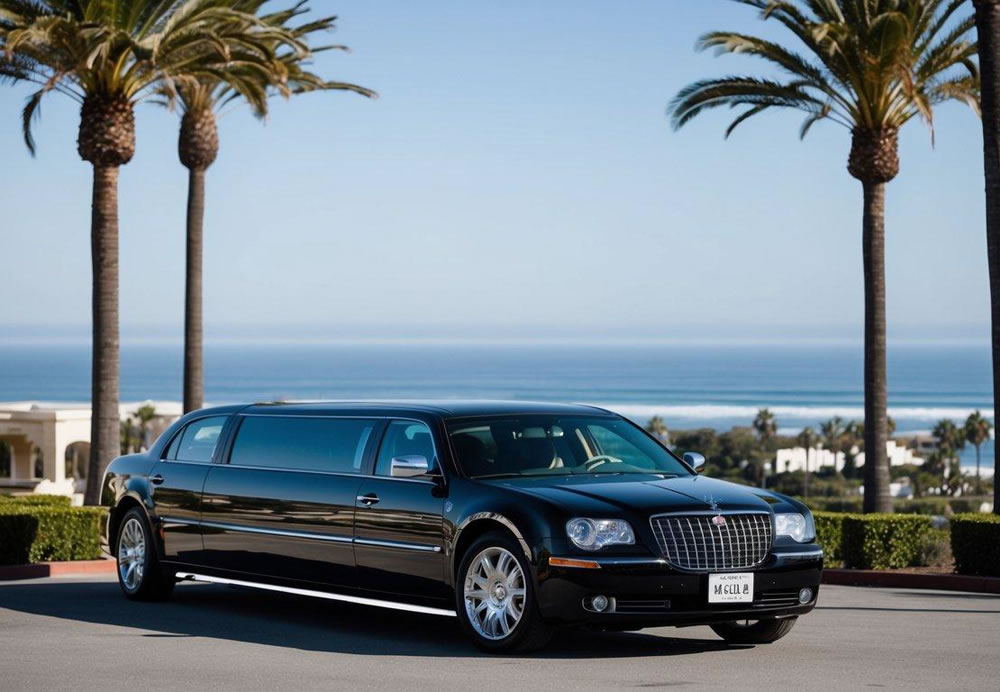 A sleek black limousine parked in front of a luxury hotel, surrounded by palm trees and overlooking the ocean in La Jolla, California