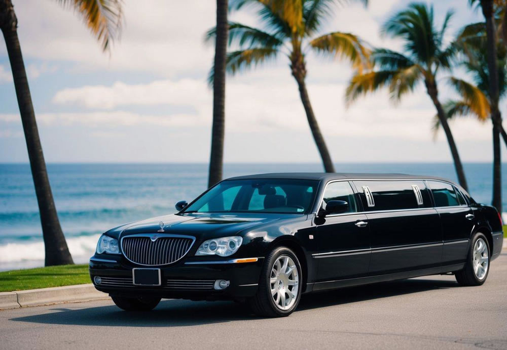 A sleek black limo parked by the ocean in La Jolla, California, with palm trees swaying in the background