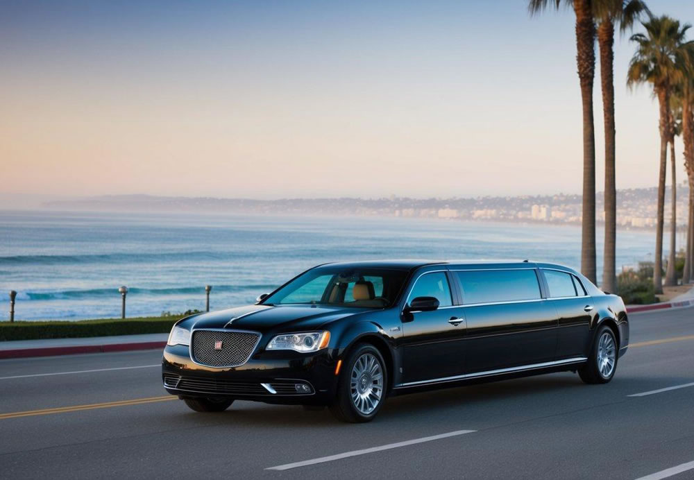 A sleek black limousine glides along the palm-lined streets of La Jolla, California, with the shimmering Pacific Ocean in the background