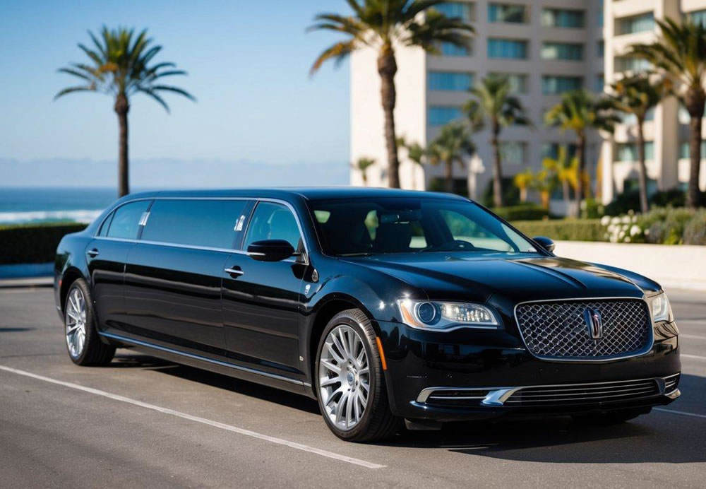 A sleek black limousine parked in front of a luxurious hotel in La Jolla, California, with the ocean in the background and palm trees swaying in the breeze