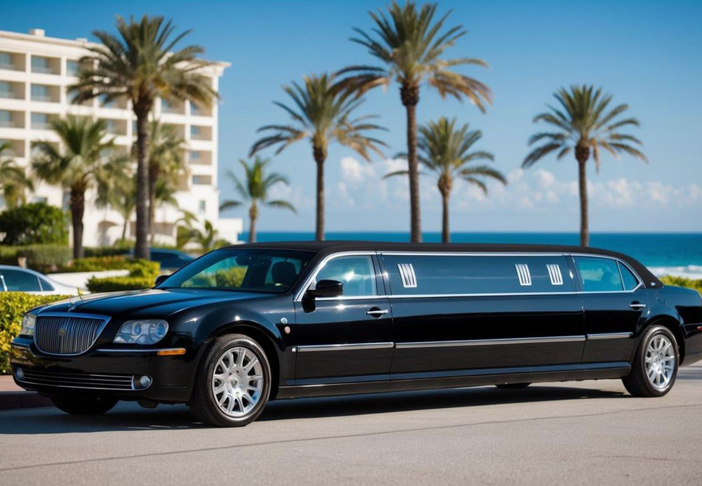 A sleek black limousine parked in front of a luxury hotel with palm trees and the ocean in the background