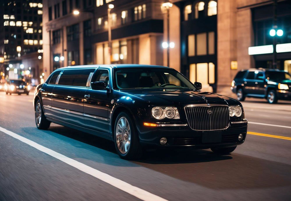 A sleek black limousine cruising down a well-lit city street at night