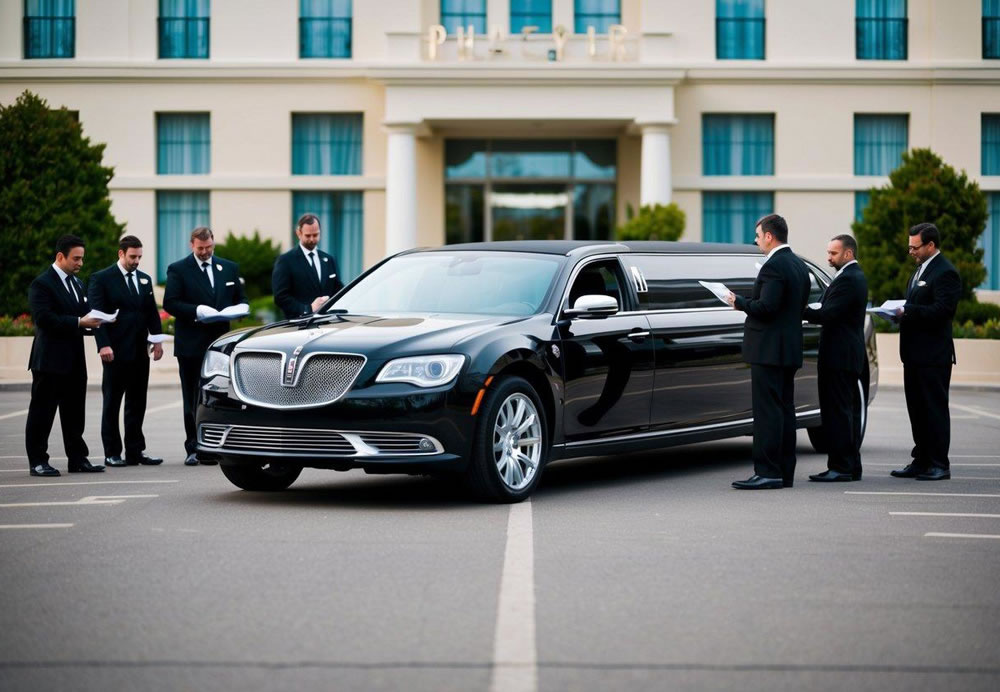 A sleek black limousine parked in front of a luxury hotel, surrounded by a team of professional chauffeurs inspecting the vehicle for safety standards