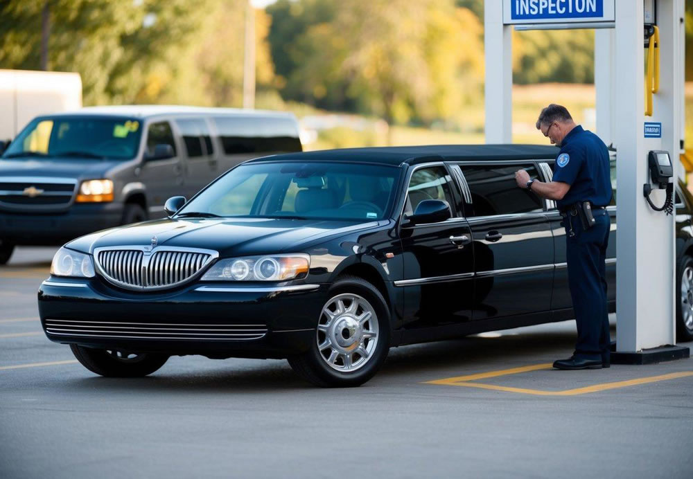 A limousine parked in front of a safety inspection station, with an inspector checking the tires, brakes, and seatbelts