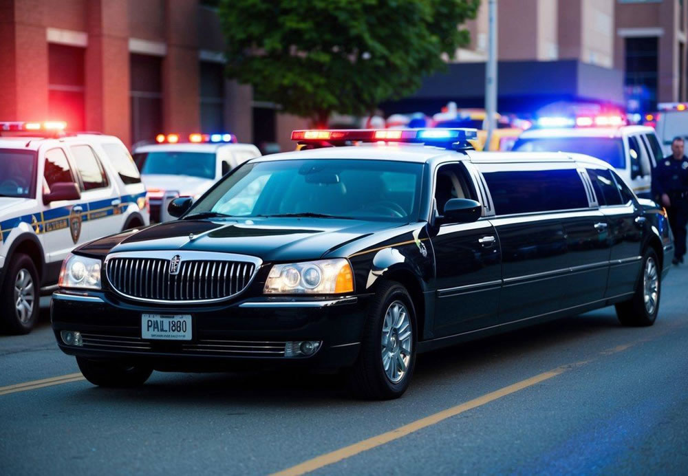 A black limo with flashing lights on the side of the road