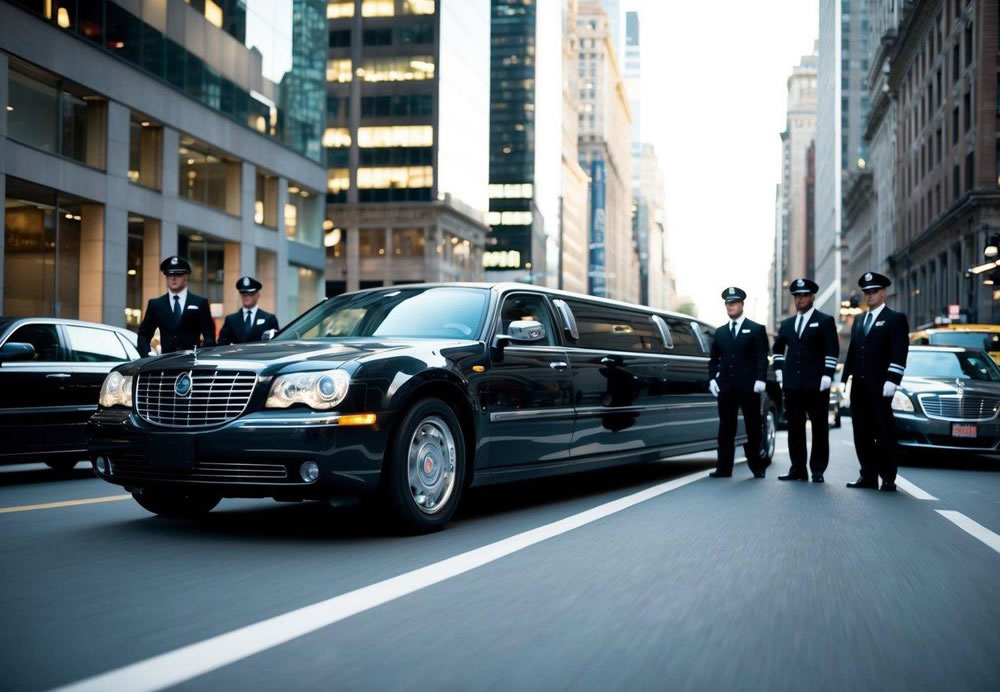 A sleek limousine glides through a bustling city, surrounded by a team of professional drivers ensuring its safety