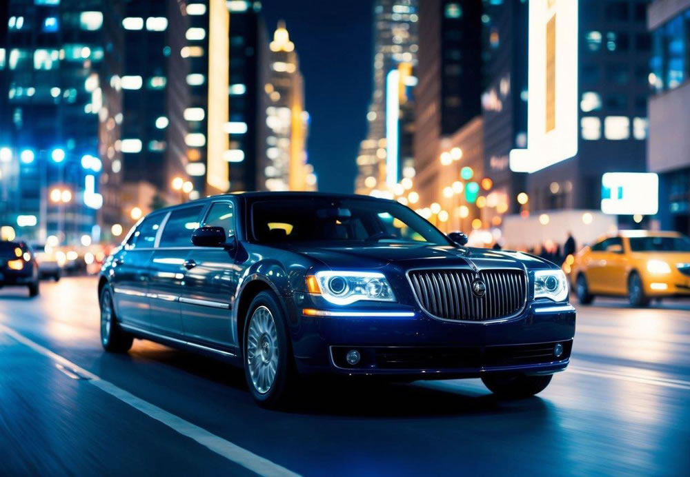 A sleek limousine drives confidently through a bustling city at night, surrounded by bright lights and a sense of luxury and security